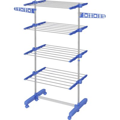 Homcom Tendedero Vertical de 4 Niveles con 6 Ruedas 2 Laterales Abatibles Estantes Ajustables y Marco de Acero Inoxidable Azul Aosom España Homcom Tendedero Vertical de 4 Niveles con 6 Ruedas 2 Laterales Abatibles Estantes Ajustables y Marco de Acero Inoxidable Azul Aosom España