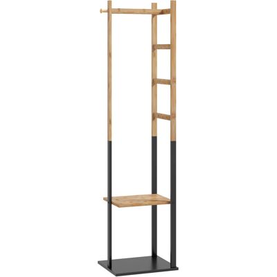 Homcom Perchero de Pie de Bambú con 2 Estantes 2 Ganchos 5 Barras con Estructura de Acero para Colgar Ropa Natural y Negro Homcom Perchero de Pie de Bambú con 2 Estantes 2 Ganchos 5 Barras con Estructura de Acero para Colgar Ropa Natural y Negro