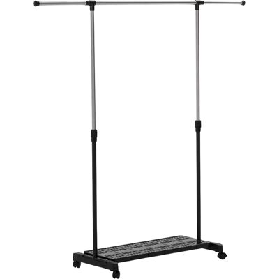 Homcom Tendedero Extensible con Ruedas con Barra de Acero Inoxidable y Estante para Zapatos 159x42x168 cm Negro y Plata Homcom Tendedero Extensible con Ruedas con Barra de Acero Inoxidable y Estante para Zapatos 159x42x168 cm Negro y Plata