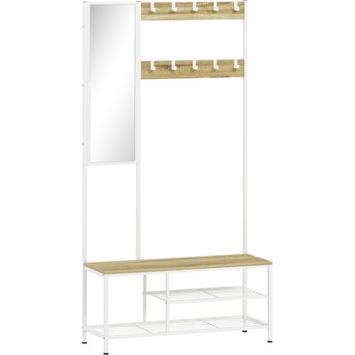 Homcom Perchero Zapatero con Espejo 3 Estantes Banco 10 Ganchos Ajustables Estilo Moderno para Pasillo 98x34x186 cm Natural Aosom España Homcom Perchero Zapatero con Espejo 3 Estantes Banco 10 Ganchos Ajustables Estilo Moderno para Pasillo 98x34x186 cm Natural Aosom España