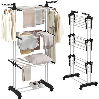 Homcom Tendedero de Ropa Plegable con Ruedas 3 Niveles con Alas Plegables y Colgadores 73x64x177 cm Negro y Blanco Aosom España Homcom Tendedero de Ropa Plegable con Ruedas 3 Niveles con Alas Plegables y Colgadores 73x64x177 cm Negro y Blanco Aosom España