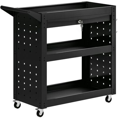 Homcom Carro de herramientas con ruedas bloqueables, carro de taller rodante de 3 niveles, cajón y paneles perforados, Negro Homcom Carro de herramientas con ruedas bloqueables, carro de taller rodante de 3 niveles, cajón y paneles perforados, Negro