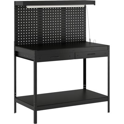Homcom Banco de Trabajo Carga 272 kg 110x60x150 cm con Tableros Perforados Metálicos Toma de Corriente Luces LED Cajones Negro Homcom Banco de Trabajo Carga 272 kg 110x60x150 cm con Tableros Perforados Metálicos Toma de Corriente Luces LED Cajones Negro