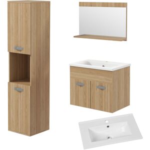 kleankin Conjunto de Muebles de Baño de Pared 3 Piezas Incluye Espejo Armario con Lavabo Cerámico y Columna de Baño Natural kleankin Conjunto de Muebles de Baño de Pared 3 Piezas Incluye Espejo Armario con Lavabo Cerámico y Columna de Baño Natural