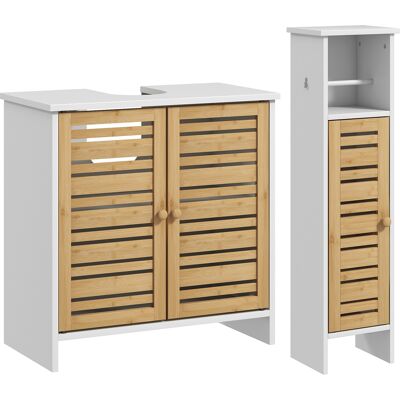 Homcom Conjunto de Mueble Bajo Lavabo y Columna Auxiliar con Estantes Ajustables y Puertas de Bambú Blanco y Natural Aosom España Homcom Conjunto de Mueble Bajo Lavabo y Columna Auxiliar con Estantes Ajustables y Puertas de Bambú Blanco y Natural Aosom España