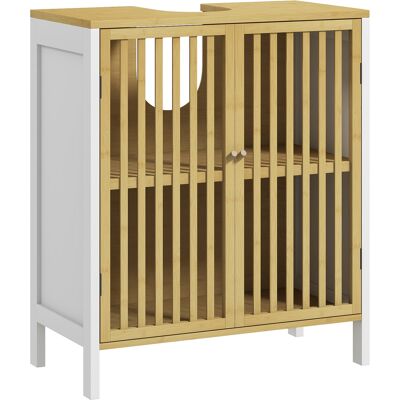 Homcom Armario de Baño Bajo Lavabo de Bambú con Puerta Doble y Estante Ajustable Carga 30 kg 60x30x70 cm Natural y Blanco Aosom España Homcom Armario de Baño Bajo Lavabo de Bambú con Puerta Doble y Estante Ajustable Carga 30 kg 60x30x70 cm Natural y Blanco Aosom España