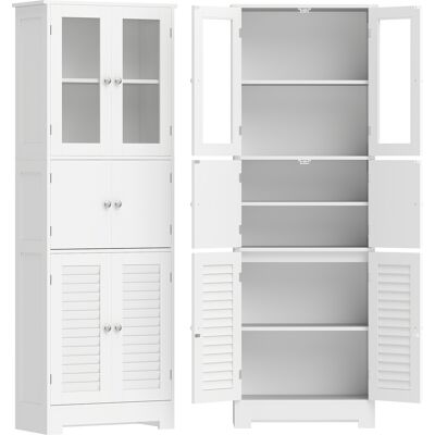 Homcom Mueble alto de baño, mueble de almacenamiento con 6 puertas incl. 2 acristaladas y 2 persianas, estante regulable, blanco Homcom Mueble alto de baño, mueble de almacenamiento con 6 puertas incl. 2 acristaladas y 2 persianas, estante regulable, blanco
