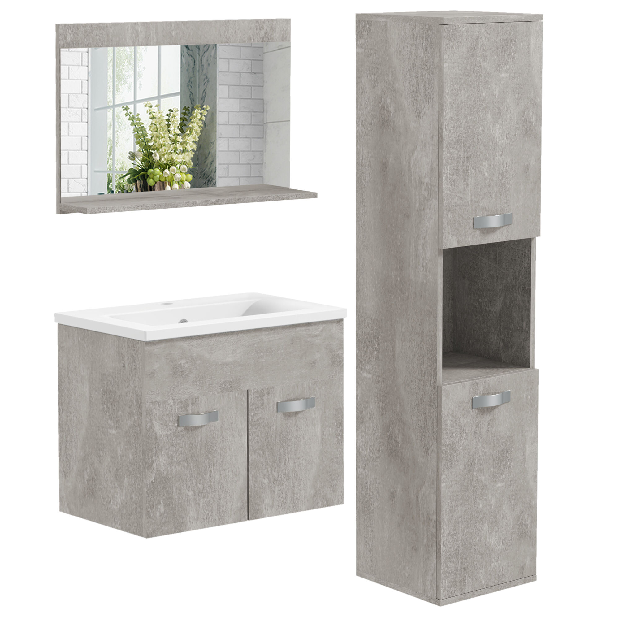 kleankin Conjunto de Muebles de Baño de Pared 3 Piezas Incluye Espejo Armario con Lavabo Cerámico y Columna Auxiliar de Baño Gris