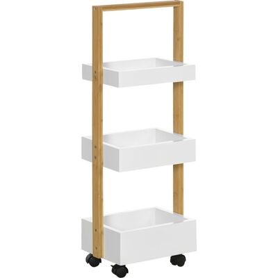 Homcom Carrito de Baño con Ruedas y 3 Cestas Carrito Auxiliar Multifuncional de Madera de Bambú 28x18x75 cm Blanco Aosom España Homcom Carrito de Baño con Ruedas y 3 Cestas Carrito Auxiliar Multifuncional de Madera de Bambú 28x18x75 cm Blanco Aosom España