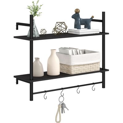 Homcom Estante de Pared de 2 Niveles Estante Flotante con 4 Ganchos 2 Estantes y Marco de Acero 80x24x65 cm Negro Homcom Estante de Pared de 2 Niveles Estante Flotante con 4 Ganchos 2 Estantes y Marco de Acero 80x24x65 cm Negro
