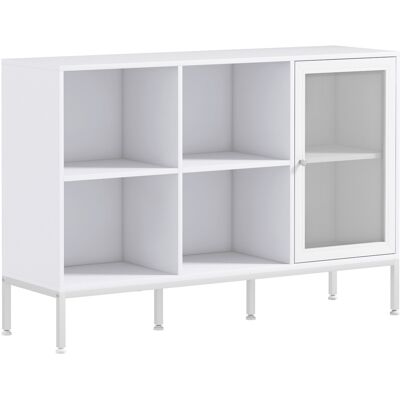 Homcom Aparador Blanco 120x37x81,5 cm con Puerta de Malla 4 Compartimentos Abiertos y Estante Ajustable Aosom España Homcom Aparador Blanco 120x37x81,5 cm con Puerta de Malla 4 Compartimentos Abiertos y Estante Ajustable Aosom España