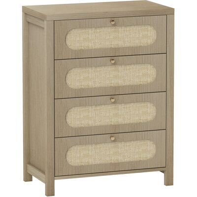 Homcom Cómoda 4 cajones mueble de almacenamiento estilo bohemio con puertas resina trenzada, 70 x 38 x 93 cm, efecto madera natural Homcom Cómoda 4 cajones mueble de almacenamiento estilo bohemio con puertas resina trenzada, 70 x 38 x 93 cm, efecto madera natural