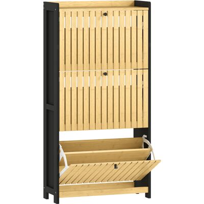 Homcom Mueble de Zapatos 18 pares con 3 cajones abatibles, puertas de bambú con lamas, 60x24x118 cm, Negro y madera natural Homcom Mueble de Zapatos 18 pares con 3 cajones abatibles, puertas de bambú con lamas, 60x24x118 cm, Negro y madera natural