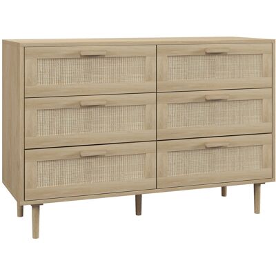 Homcom Cómoda para Dormitorio con 6 Cajones con Frontal de Ratán Patas de Madera Cajonera Estilo Bohemio 110x40x75 cm Roble Homcom Cómoda para Dormitorio con 6 Cajones con Frontal de Ratán Patas de Madera Cajonera Estilo Bohemio 110x40x75 cm Roble