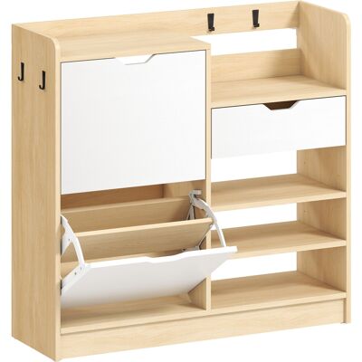 Homcom Zapatero Entrada Recibidor con Cajón Estantes Abiertos 4 Ganchos para 14 Pares de Zapatos Natural y Blanco Homcom Zapatero Entrada Recibidor con Cajón Estantes Abiertos 4 Ganchos para 14 Pares de Zapatos Natural y Blanco