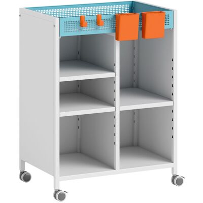 Homcom Estantería con ruedas, 4 niveles, baldas ajustables y cestas colgantes para oficina en casa y salón, Blanco Aosom España Homcom Estantería con ruedas, 4 niveles, baldas ajustables y cestas colgantes para oficina en casa y salón, Blanco Aosom España