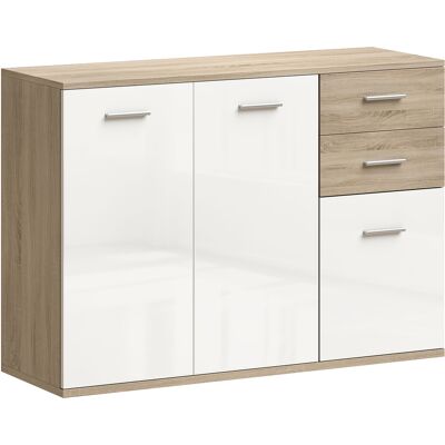 Homcom Aparador para salón, mueble de almacenamiento con 2 cajones, 3 puertas y estante regulable, 106 x 35 x 76 cm, blanco y madera natural Aosom España Homcom Aparador para salón, mueble de almacenamiento con 2 cajones, 3 puertas y estante regulable, 106 x 35 x 76 cm, blanco y madera natural Aosom España