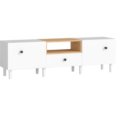 Homcom Mueble TV hasta 178 cm con 2 Puertas Abatibles, Cajón y Estantería Abierta, en Madera, 150x35x45 cm, Blanco y Color Madera Aosom España Homcom Mueble TV hasta 178 cm con 2 Puertas Abatibles, Cajón y Estantería Abierta, en Madera, 150x35x45 cm, Blanco y Color Madera Aosom España