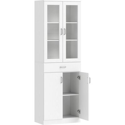 Homcom Aparador alto de cocina, armario de cocina, 4 puertas, 2 de vidrio, cajones, estantes regulables, 60x35x180cm, blanco Aosom España Homcom Aparador alto de cocina, armario de cocina, 4 puertas, 2 de vidrio, cajones, estantes regulables, 60x35x180cm, blanco Aosom España