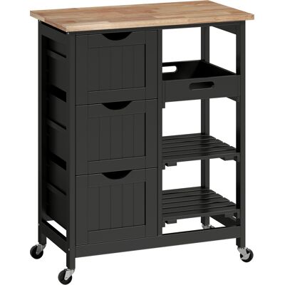 Homcom Carro de Cocina Carrito Auxiliar con Ruedas con 3 Cajones 2 Estantes Abiertos y Bandeja Extraíble 67x37x85,5 cm Negro Homcom Carro de Cocina Carrito Auxiliar con Ruedas con 3 Cajones 2 Estantes Abiertos y Bandeja Extraíble 67x37x85,5 cm Negro