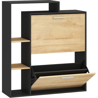 Homcom Mueble Zapatero: 2 Cajones Abatibles, Estantes, Negro y Madera Natural. Homcom Mueble Zapatero: 2 Cajones Abatibles, Estantes, Negro y Madera Natural.