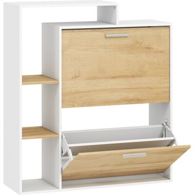Homcom Mueble zapatero con 2 cajones abatibles y estantes, Blanco y Madera natural. Homcom Mueble zapatero con 2 cajones abatibles y estantes, Blanco y Madera natural.