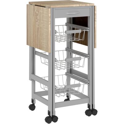 Homcom Carrito Auxiliar Plegable Carrito de Cocina con 6 Ruedas 1 Cajón y 3 Cesta de Metal 97,2x37x77,5 cm Gris y Roble Homcom Carrito Auxiliar Plegable Carrito de Cocina con 6 Ruedas 1 Cajón y 3 Cesta de Metal 97,2x37x77,5 cm Gris y Roble
