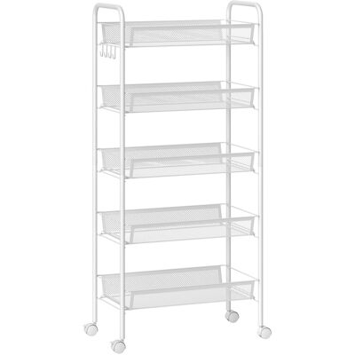 Homcom Carrito Auxiliar con Ruedas de 5 Niveles con Cestas de Malla Extraíbles y Marco de Acero 45x26,5x106 cm Blanco Aosom España Homcom Carrito Auxiliar con Ruedas de 5 Niveles con Cestas de Malla Extraíbles y Marco de Acero 45x26,5x106 cm Blanco Aosom España