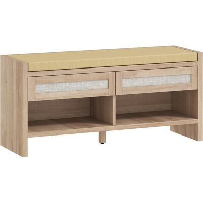 Homcom Banco zapatero para entrada, banco de almacenamiento, asiento acolchado efecto lino, 2 cajones de ratán y estantería abierta, roble Homcom Banco zapatero para entrada, banco de almacenamiento, asiento acolchado efecto lino, 2 cajones de ratán y estantería abierta, roble