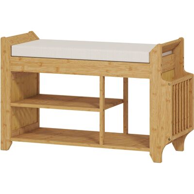 Homcom Banco Zapatero con Asiento Acolchado Almacenamiento Lateral Estante para Botas Marco de Bambú 80x30x50 cm Natural Homcom Banco Zapatero con Asiento Acolchado Almacenamiento Lateral Estante para Botas Marco de Bambú 80x30x50 cm Natural