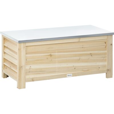 Outsunny Baúl de Almacenaje Exterior de Madera con Tapa de Metal Galvanizado y Diseño con Listones Baúl almacenaje 110x50x50 cm Madera Natural Outsunny Baúl de Almacenaje Exterior de Madera con Tapa de Metal Galvanizado y Diseño con Listones Baúl almacenaje 110x50x50 cm Madera Natural