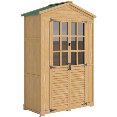 Outsunny Armario de Jardín de Madera con Estantes Ventanas de Acrílico Techo de Asfalto y Puertas con Pestillo Marrón Claro Outsunny Armario de Jardín de Madera con Estantes Ventanas de Acrílico Techo de Asfalto y Puertas con Pestillo Marrón Claro