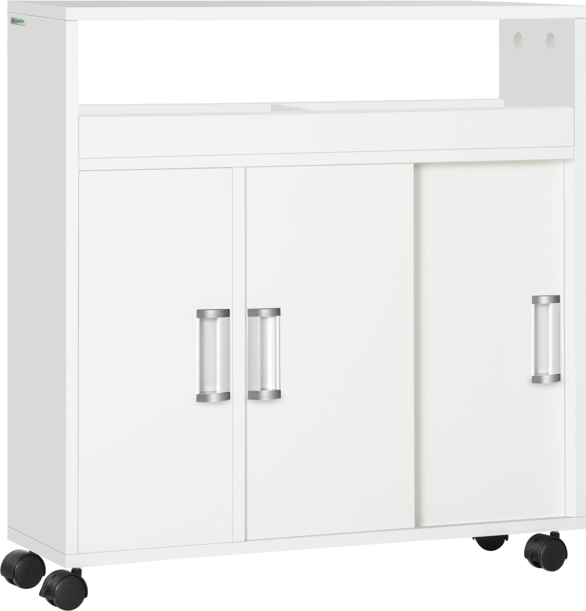 kleankin Armario de Baño con 2 Estantes Abiertos 3 Puertas y Balda Interior Ajustable Mueble Auxiliar de Almacenaje con Ruedas 70x20x71 cm Blanco