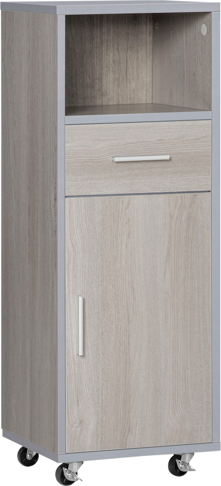 kleankin Armario de Baño con 1 Cajón 1 Puerta y Estante Abierto Mueble Auxiliar de Almacenaje con Ruedas para Salón Cocina Dormitorio 30x32x87 cm Gris