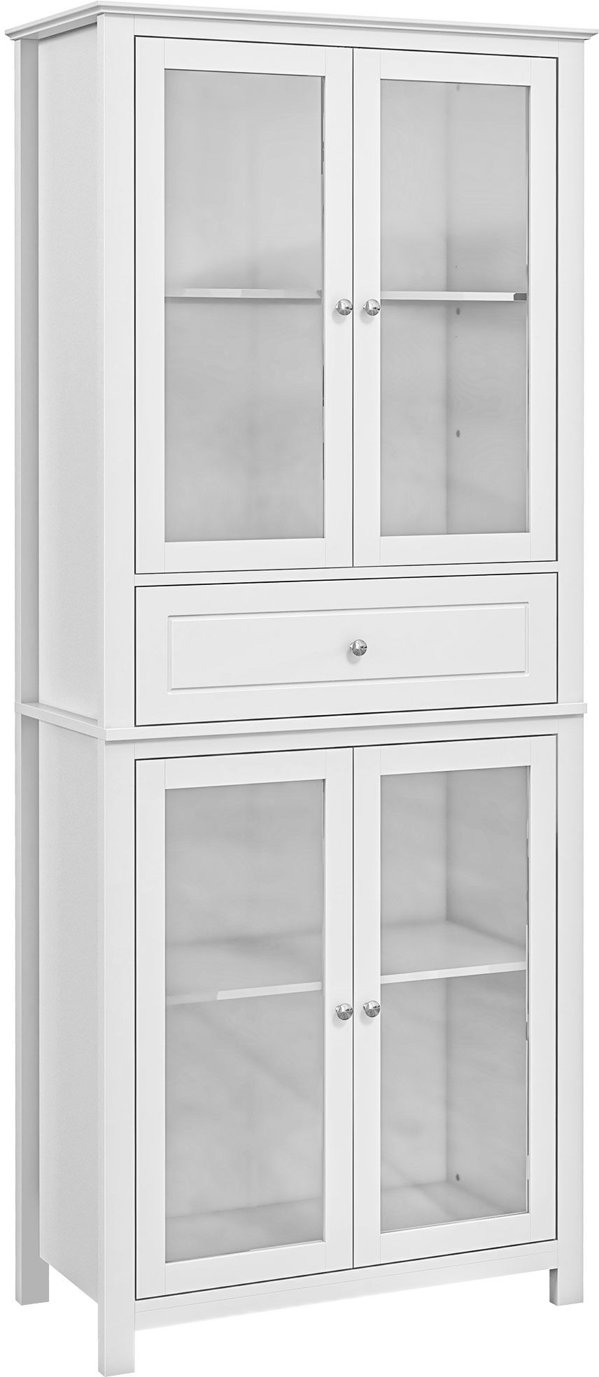 Homcom Alacena de Cocina Mueble Vitrina con 4 Puertas de Vidrio Templado Cajón y Estantes Ajustables 74x35,5x181,5 cm Blanco