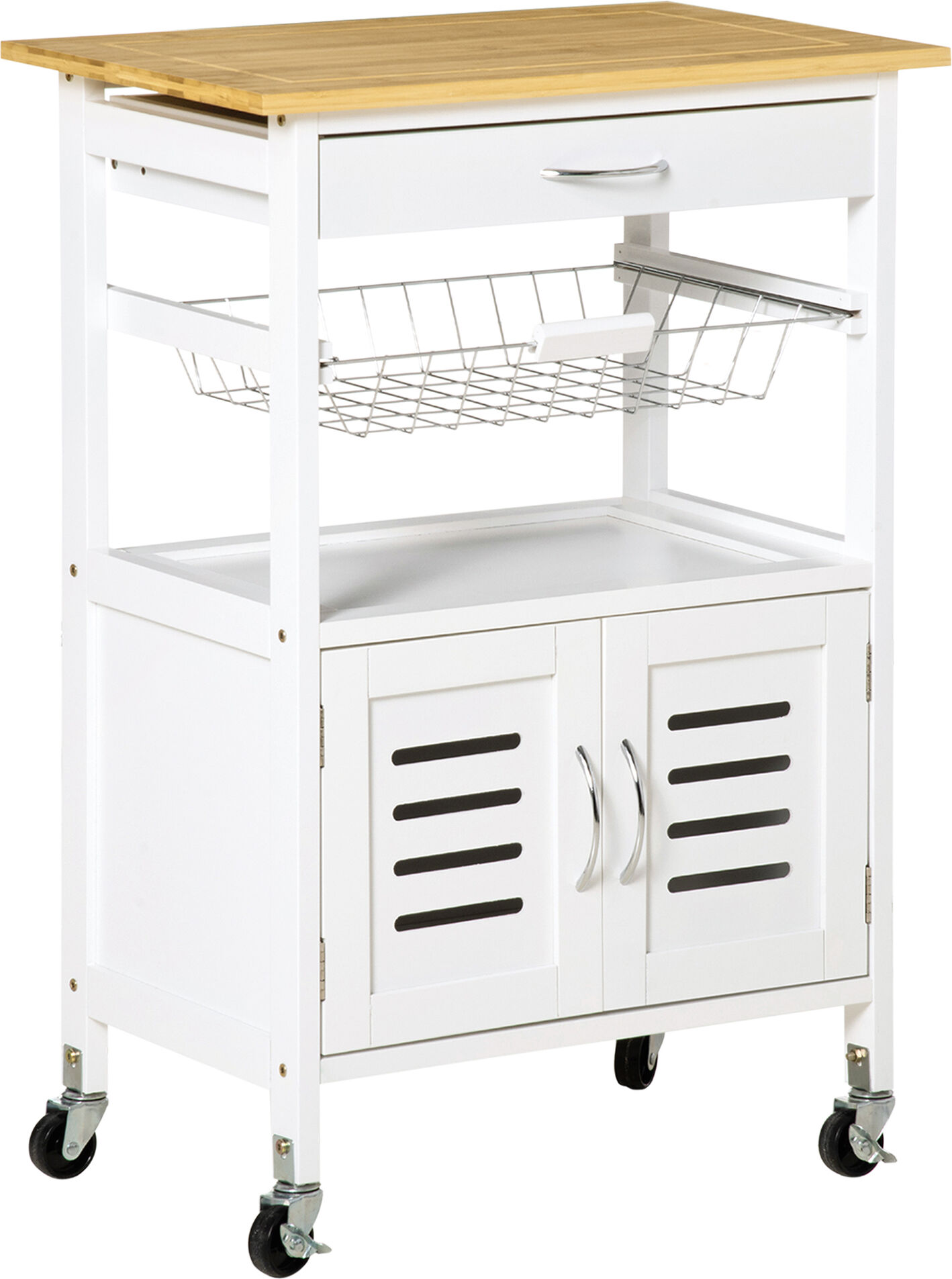 Homcom Carrito de Cocina con Ruedas Carro de Almacenamiento Multiuso con Encimera de Bambú Cajón Cesta Metálica y Armario de 2 Puertas de Persiana