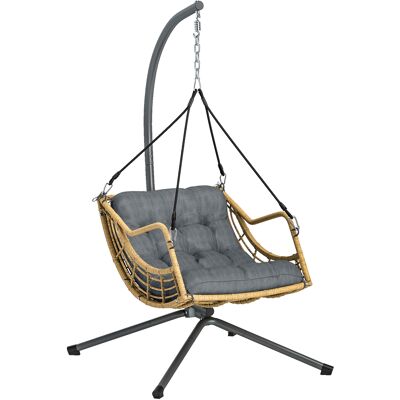 Outsunny Sillón colgante de resina trenzada con soporte, silla colgante, cojín, anclaje de seguridad, altura ajustable, gris Aosom España Outsunny Sillón colgante de resina trenzada con soporte, silla colgante, cojín, anclaje de seguridad, altura ajustable, gris Aosom España
