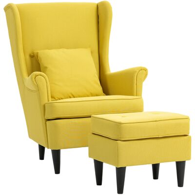 Homcom Sillón orejero con otomana, sillón tapizado con patas de madera de caucho, tapizado de tela, Amarillo Homcom Sillón orejero con otomana, sillón tapizado con patas de madera de caucho, tapizado de tela, Amarillo