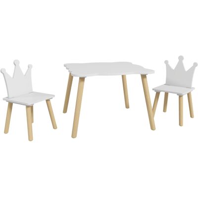 AIYAPLAY Conjunto Infantil de Mesa y 2 Sillas con Respaldo en Forma de Corona para Lectura y Dibujo 60x60x44 cm Blanco y Madera AIYAPLAY Conjunto Infantil de Mesa y 2 Sillas con Respaldo en Forma de Corona para Lectura y Dibujo 60x60x44 cm Blanco y Madera