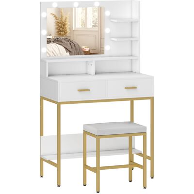 Homcom Tocador de Maquillaje con Luz y Taburete Mesa de Maquillaje con 2 Cajones y Estantes de Almacenamiento Blanco Aosom España Homcom Tocador de Maquillaje con Luz y Taburete Mesa de Maquillaje con 2 Cajones y Estantes de Almacenamiento Blanco Aosom España