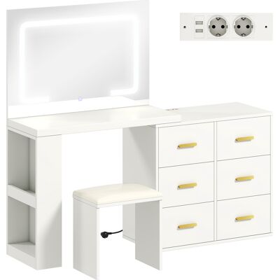 Homcom Coqueta con espejo y taburete, mesa de maquillaje con iluminación LED ajustable, 6 cajones, 118 x 78 x 135 cm, blanco Homcom Coqueta con espejo y taburete, mesa de maquillaje con iluminación LED ajustable, 6 cajones, 118 x 78 x 135 cm, blanco