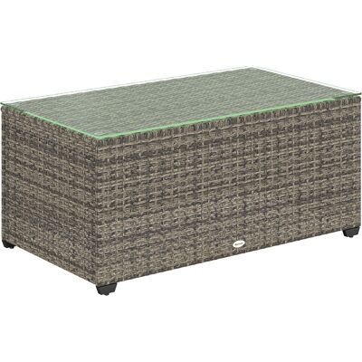 Outsunny Mesa baja de jardín, mesa auxiliar en resina trenzada con sobre de cristal templado, 90 x 50 x 38 cm, gris oscuro Aosom España Outsunny Mesa baja de jardín, mesa auxiliar en resina trenzada con sobre de cristal templado, 90 x 50 x 38 cm, gris oscuro Aosom España