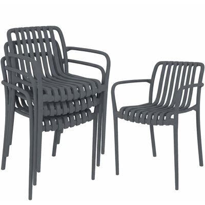 Outsunny Sillas de jardín 4 unidades Sillas apilables para terraza con diseño de lamas y reposabrazos, ergonómicas Gris oscuro Outsunny Sillas de jardín 4 unidades Sillas apilables para terraza con diseño de lamas y reposabrazos, ergonómicas Gris oscuro