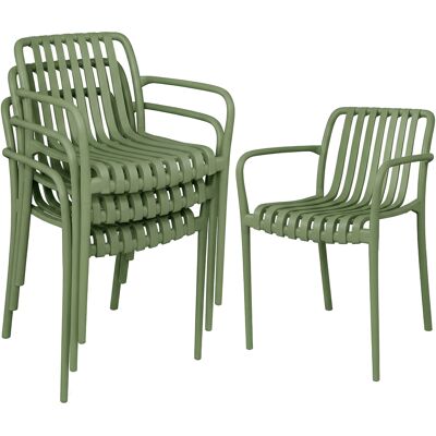 Outsunny Set de 4 Sillas de Patio Apilables, Sillas de Comedor para Exterior con Respaldo Curvo, Asiento de Lamas y Brazos Outsunny Set de 4 Sillas de Patio Apilables, Sillas de Comedor para Exterior con Respaldo Curvo, Asiento de Lamas y Brazos