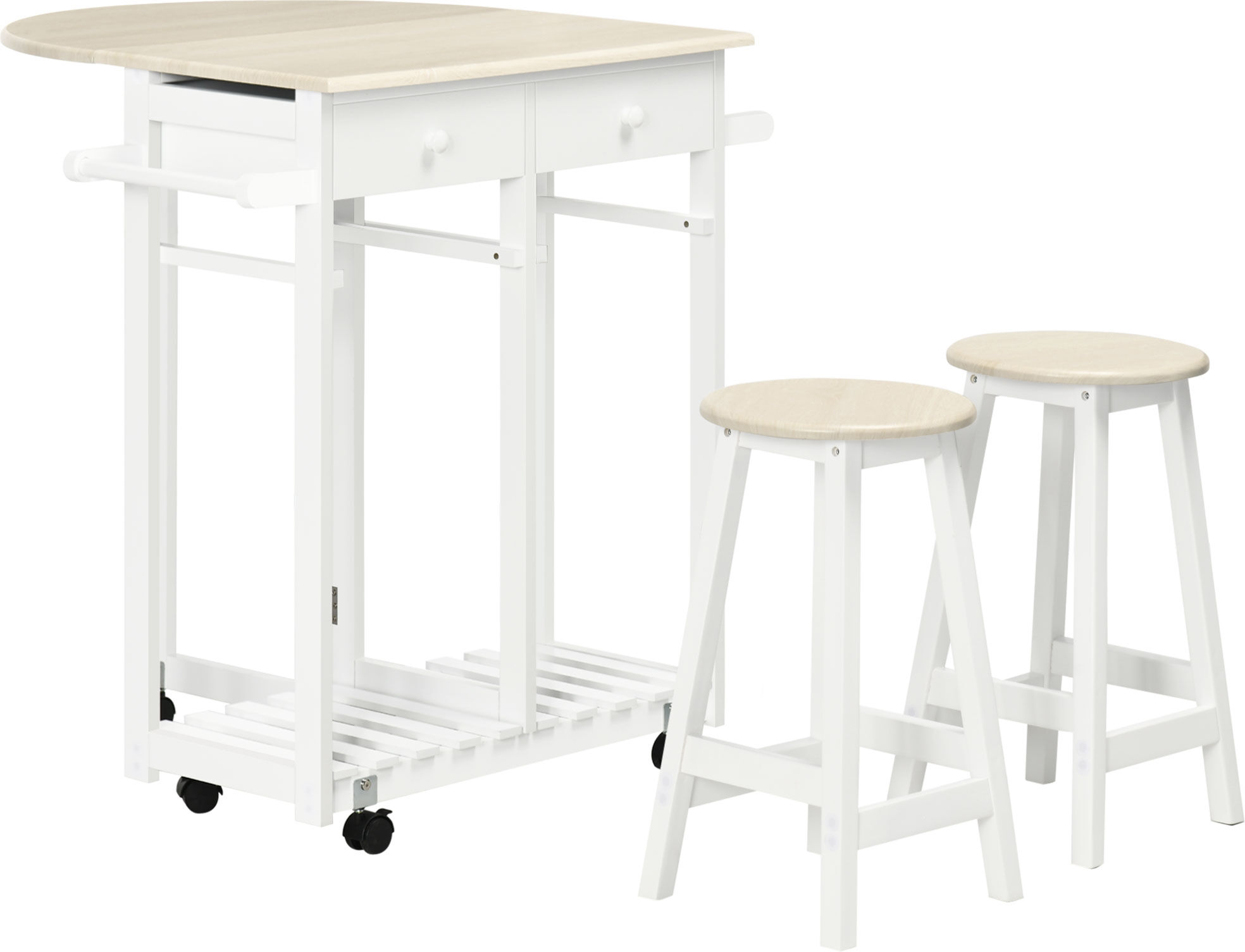 Homcom Carrito de Cocina de Madera con 2 Taburetes Mesa con Ruedas Ala Abatible Cajones y Estante 87x74x86 cm Blanco