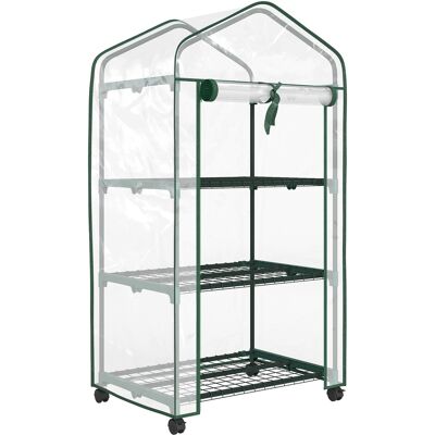 Outsunny Mini invernadero de jardín con 3 estantes, lona de PVC de alta densidad, puerta enrollable 4 ruedas 69 x 49 x 130 cm transparente Aosom España Outsunny Mini invernadero de jardín con 3 estantes, lona de PVC de alta densidad, puerta enrollable 4 ruedas 69 x 49 x 130 cm transparente Aosom España