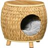 PawHut Cueva para Gatos de Mimbre con Cojín Lavable y Patas Elevadas Apariencia de Taburete 44x43x42 cm Natural