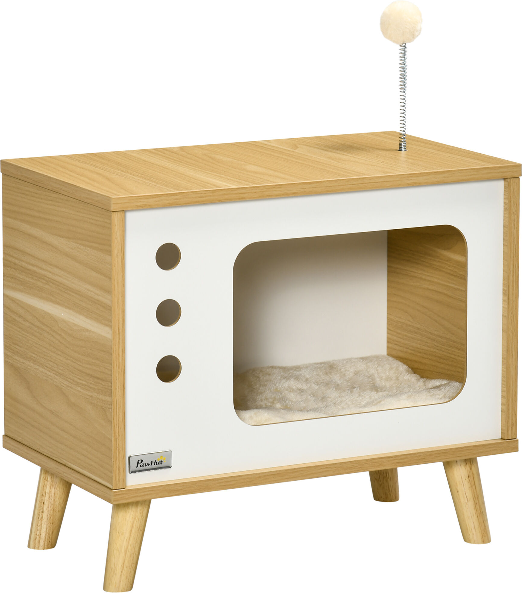 PawHut Mesa Auxiliar Cama Cueva para Gatos Estilo Televisor con Cojín Lavable y Bola de Juguete 50x28x43 cm Roble