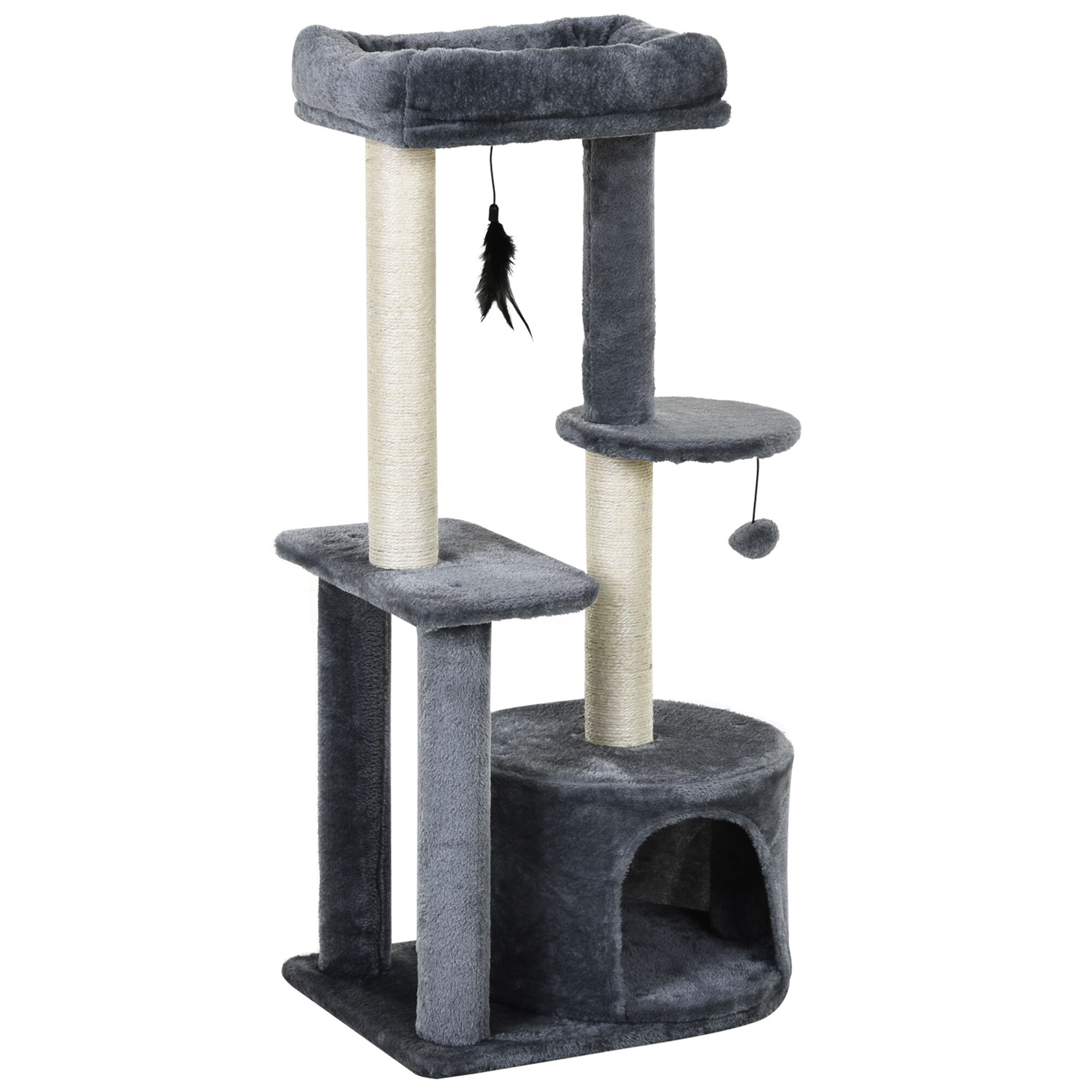 PawHut Árbol para Gatos Multi-niveles Torre de Gato con 1 Habitación 2 Plataformas Poste Rascador Sisal Tejido 48x35x100 cm Gris