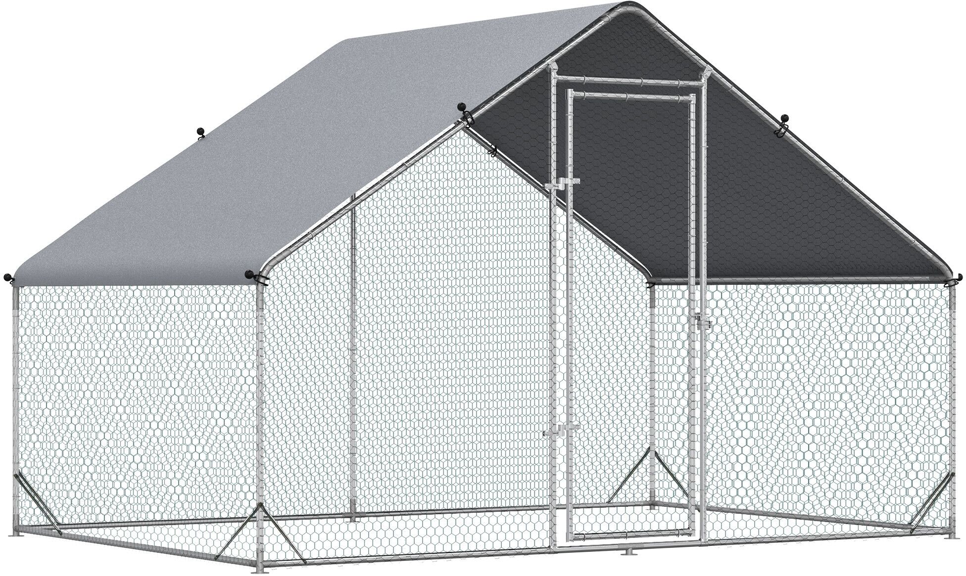 PawHut Gallinero de Exterior Grande 3x2x2 m Jaula para 4-6 Gallinas Cercado de Acero Galvanizado con Techo de PE y Cerradura para Conejos Plata